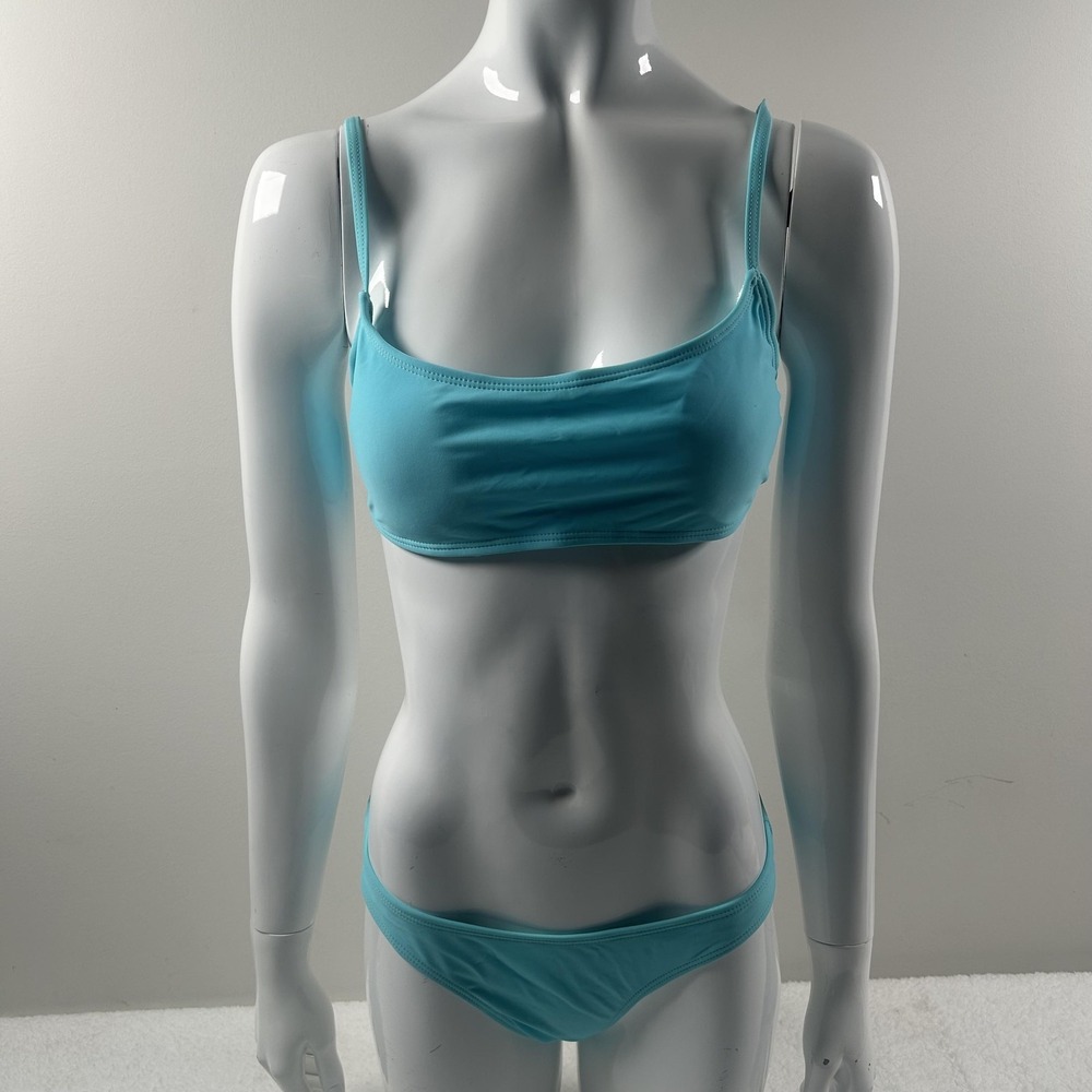 Bikini Set Women Medium Blue Solid Bralette Top Low Rise Bottom Stretch Swimsuit